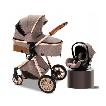 Wózek dziecięcy 3w1 w kolorze cappuccino, zestaw z gondolą, spacerówką i nosidełkiem, elegancki design z pikowanym wzore